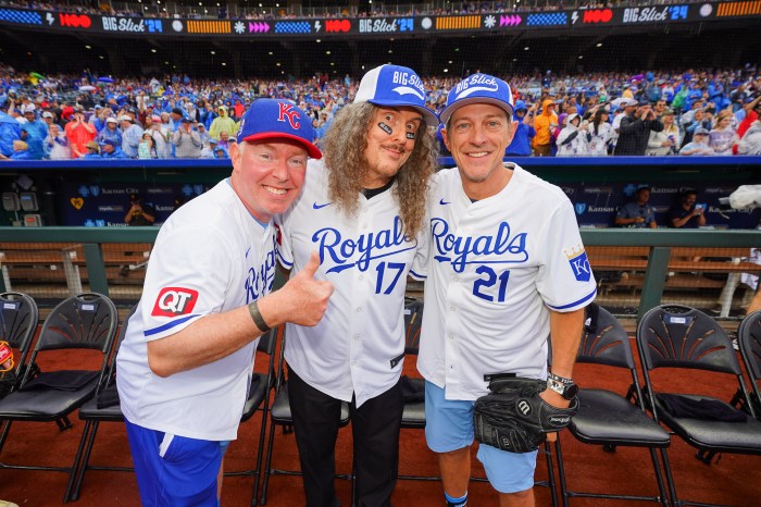 Richard Christy posing with "Weird Al" Yankovic and Kevin Rahm